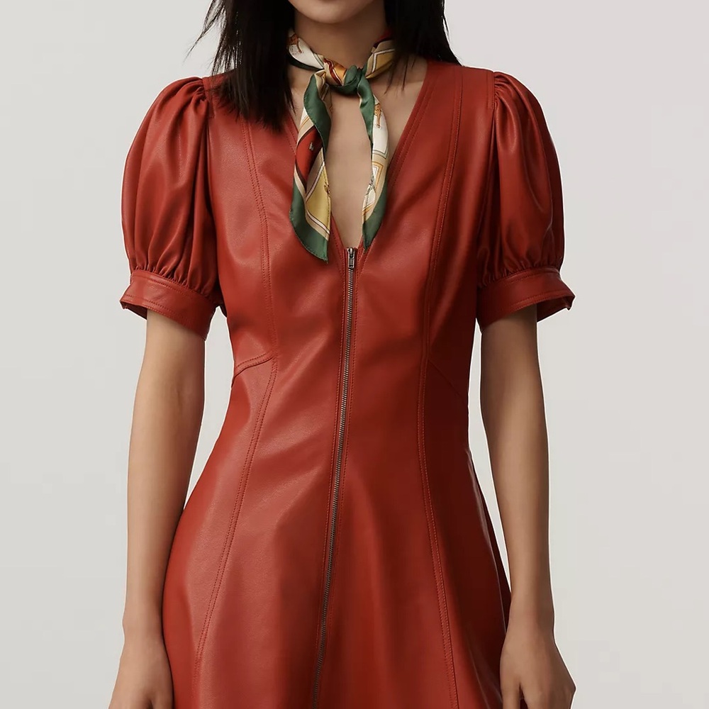 Anthropologie Calder Red Faux Leather Puff-Sleeve Zip-Front Mini Dress by Pilcro